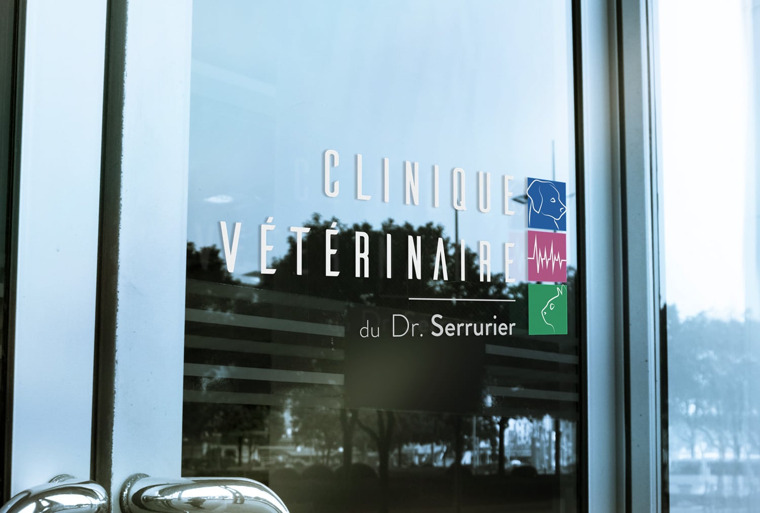Vitrophanie pour la clinique vétérinaire Loïc Serrurier réalisé par Aurélie Ducret, graphiste webdesigner
